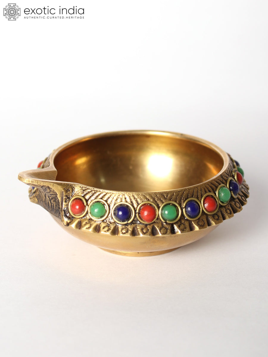 3" Brass Diya with Stone Work for Temple Pooja