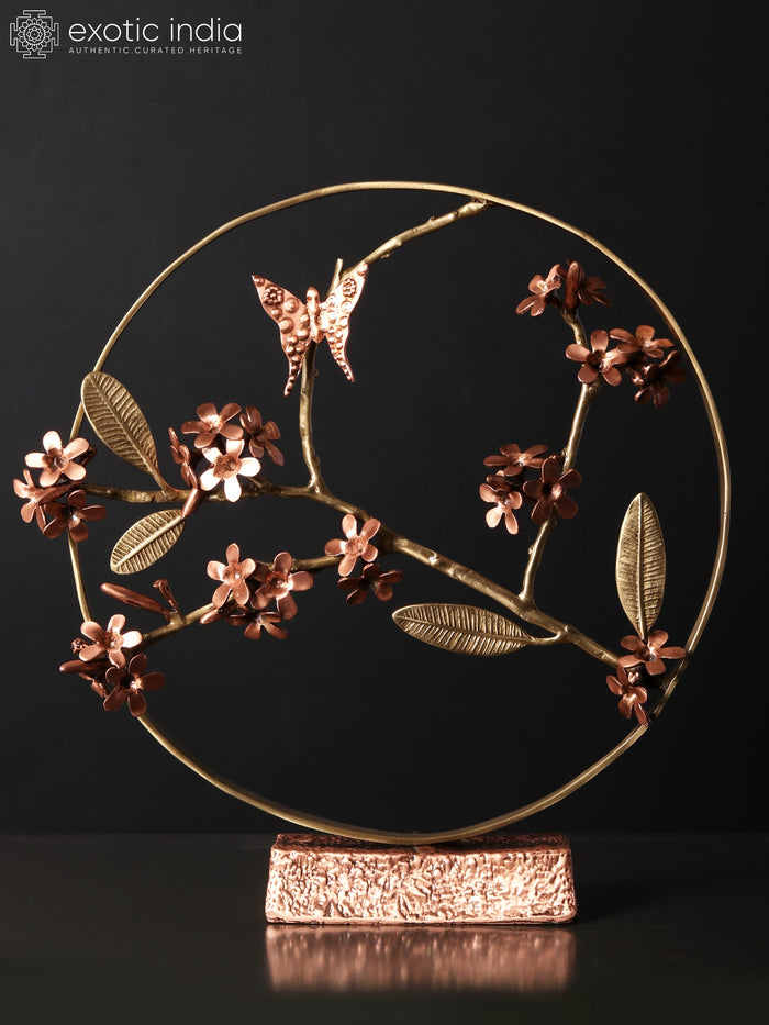 17" Brass Butterfly on Plumeria Round Table Decor with Rose Gold Plating