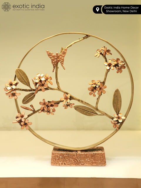17" Beautiful Butterfly on Plumeria | Round Table Decor | Brass with 24 Karat Rose Gold Plating