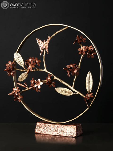 17" Beautiful Butterfly on Plumeria | Round Table Decor | Brass with 24 Karat Rose Gold Plating