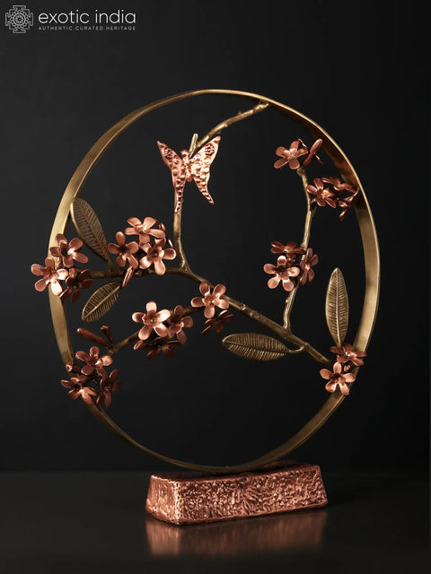 17" Beautiful Butterfly on Plumeria | Round Table Decor | Brass with 24 Karat Rose Gold Plating