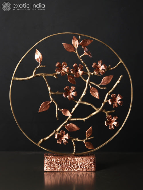 16" Brass Flower Design Round Table Decor with Rose Gold Plating