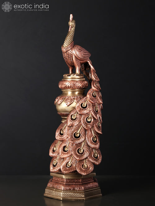 19" Decorative Peacock Brass Statue with Rose Gold Plating
