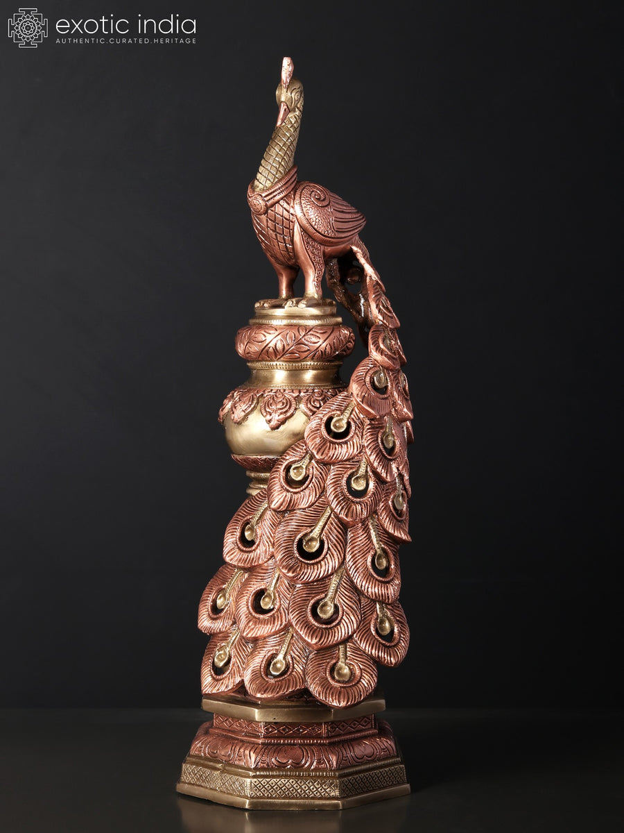 19" Decorative Peacock Brass Statue with Rose Gold Plating