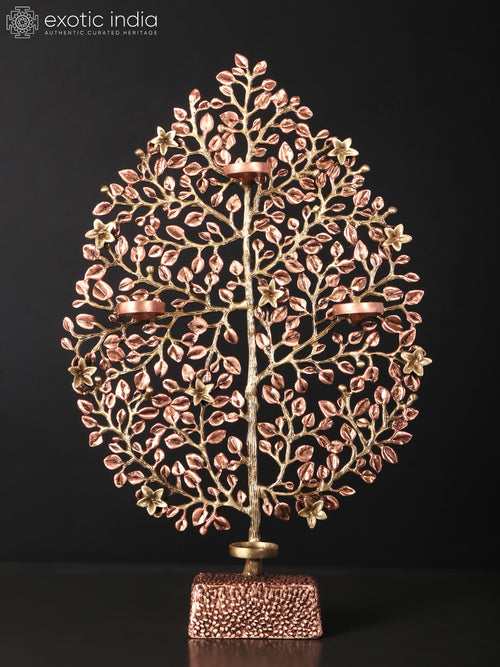 19" Brass Tree of Life Tealight Candle Holder with 24K Rose Gold Plating