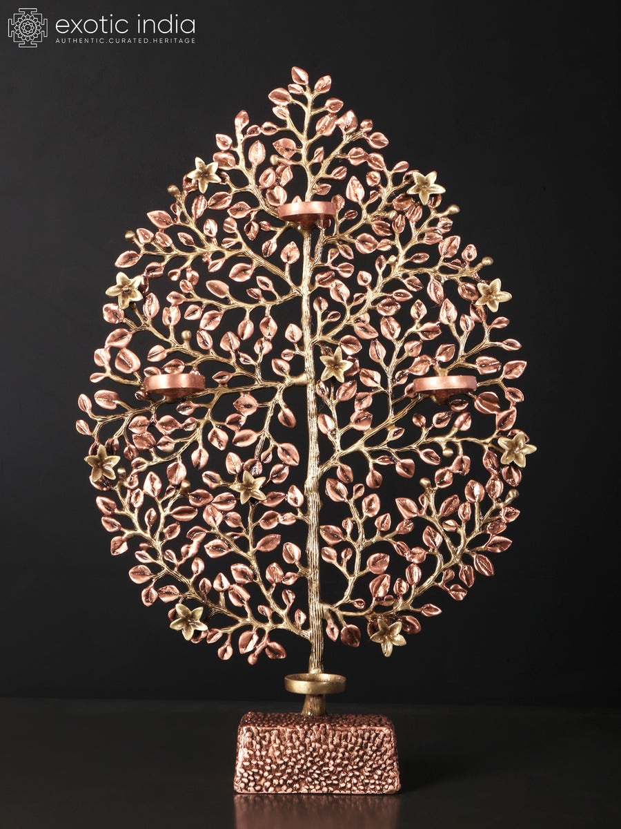 19" Brass Tree of Life Tealight Candle Holder with 24K Rose Gold Plating