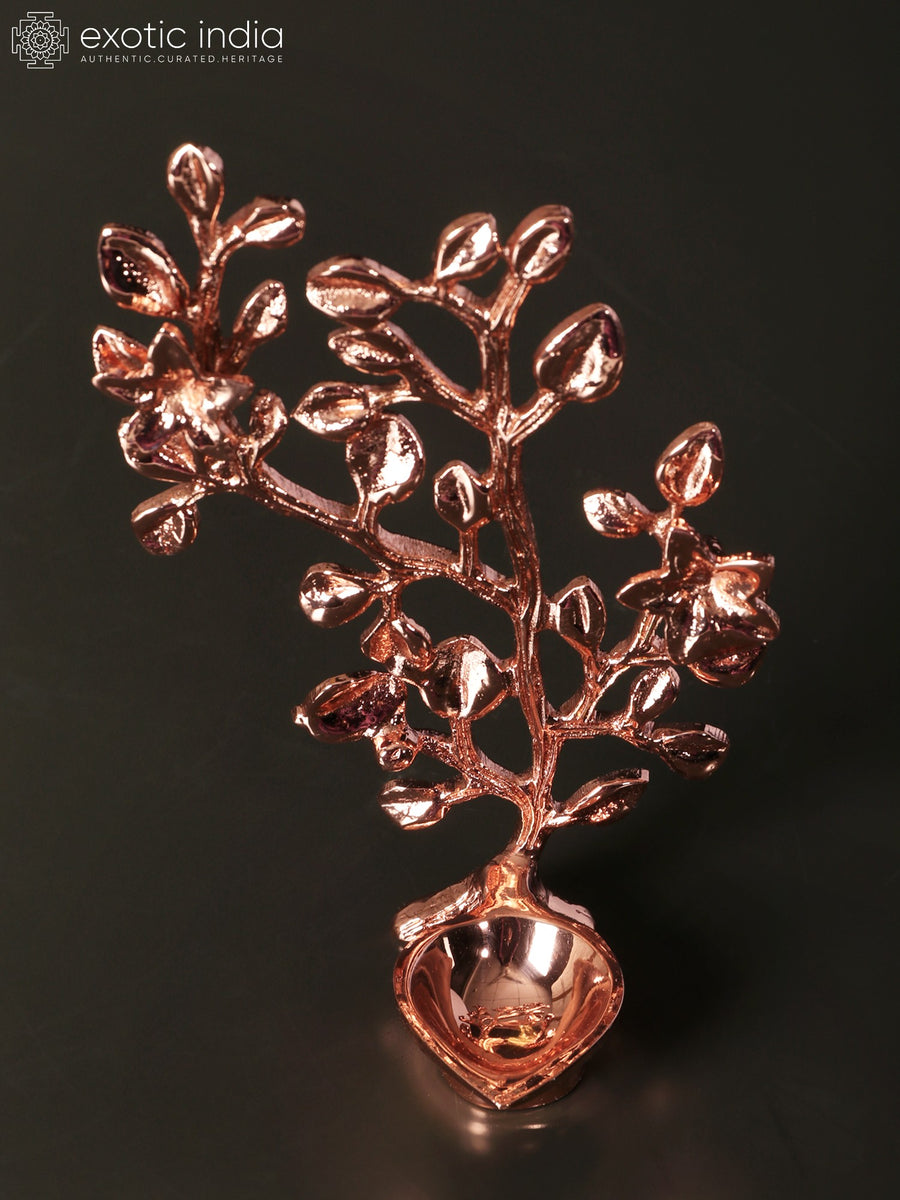 6" Small Tree with Lamp Brass Statue 24 Karat Rose Gold Plated