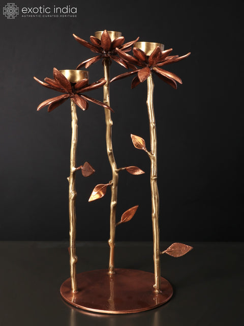 17" Lotus Design Three Cups Candle Holders with Stand | Brass with 24 Karat Rose Gold Plating