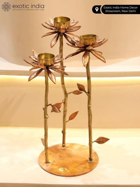 17" Lotus Design Three Cups Candle Holders with Stand | Brass with 24 Karat Rose Gold Plating