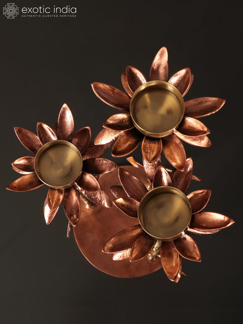 17" Lotus Design Three Cups Candle Holders with Stand | Brass with 24 Karat Rose Gold Plating
