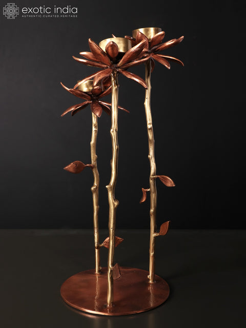 17" Lotus Design Three Cups Candle Holders with Stand | Brass with 24 Karat Rose Gold Plating