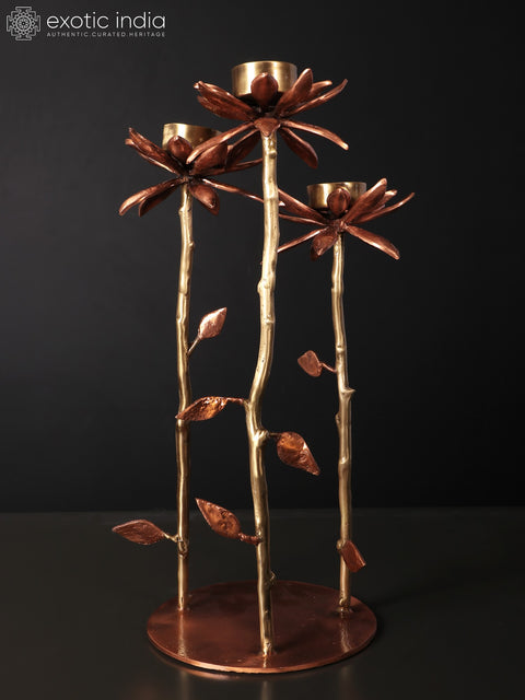 17" Lotus Design Three Cups Candle Holders with Stand | Brass with 24 Karat Rose Gold Plating