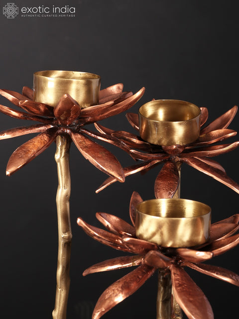 17" Lotus Design Three Cups Candle Holders with Stand | Brass with 24 Karat Rose Gold Plating