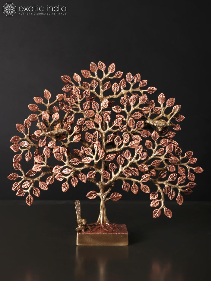 12" Brass Tree of Life with Birds Statue, 24 Karat Rose Gold Plated