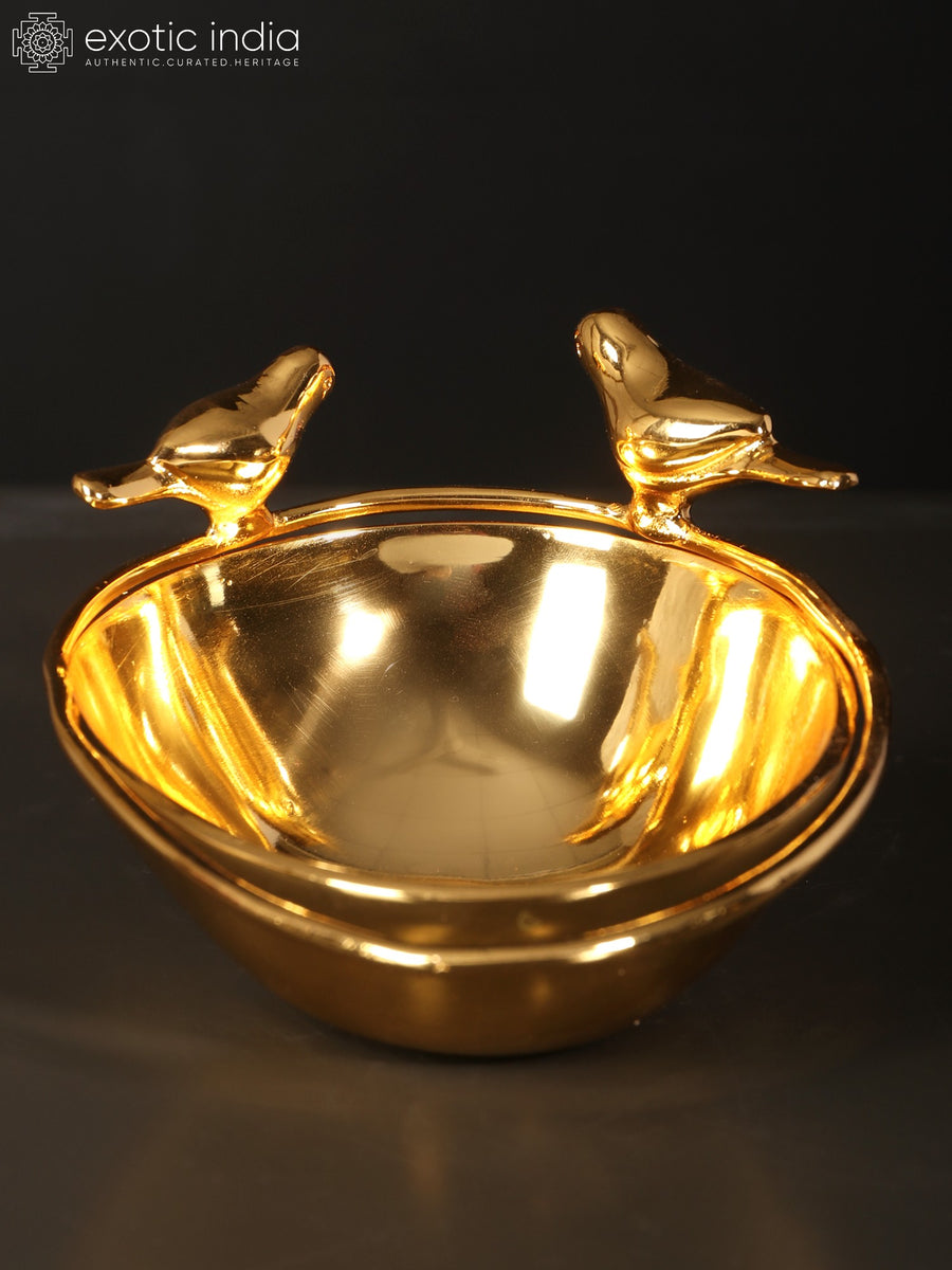 6" Small Birds Brass Bowl With 24 Karat Gold Plating