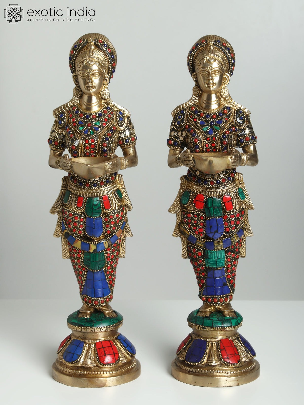 14" Pair of Lakshmi Brass Statues with Deep Inlay Work