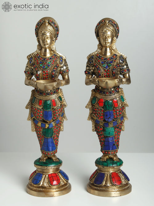 14" Pair of Lakshmi Brass Statues with Deep Inlay Work