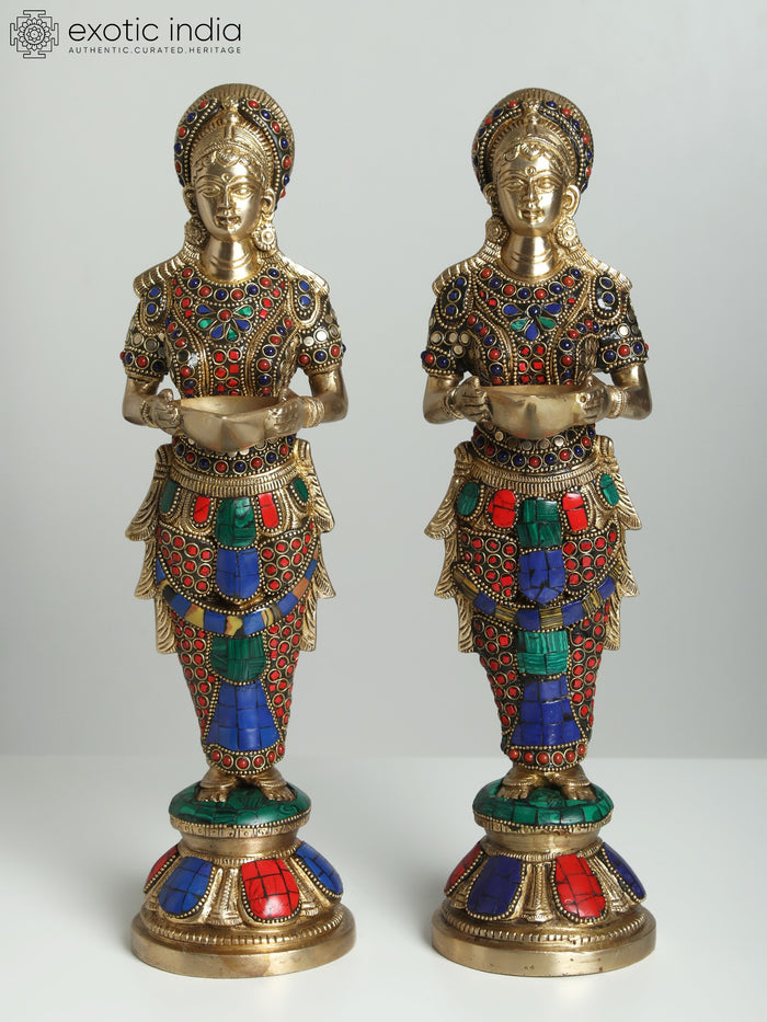 14" Pair of Lakshmi Brass Statues with Deep Inlay Work
