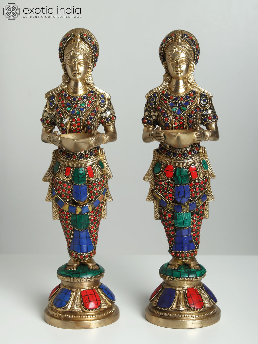 14" Pair of Lakshmi Brass Statues with Deep Inlay Work