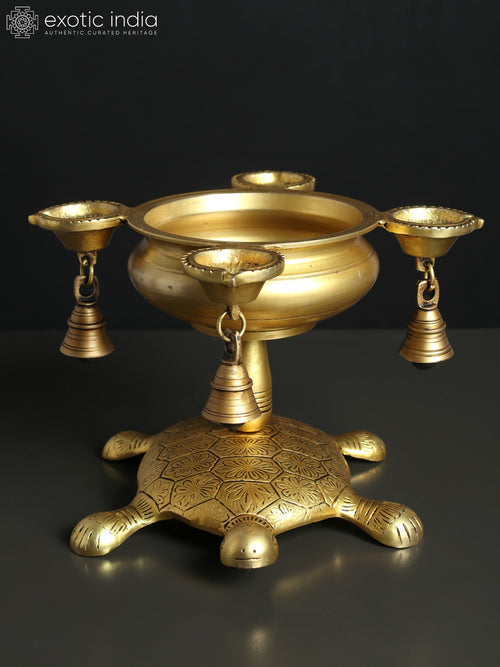 11" Brass Four Wick Urli Lamp with Tortoise Base and Bells
