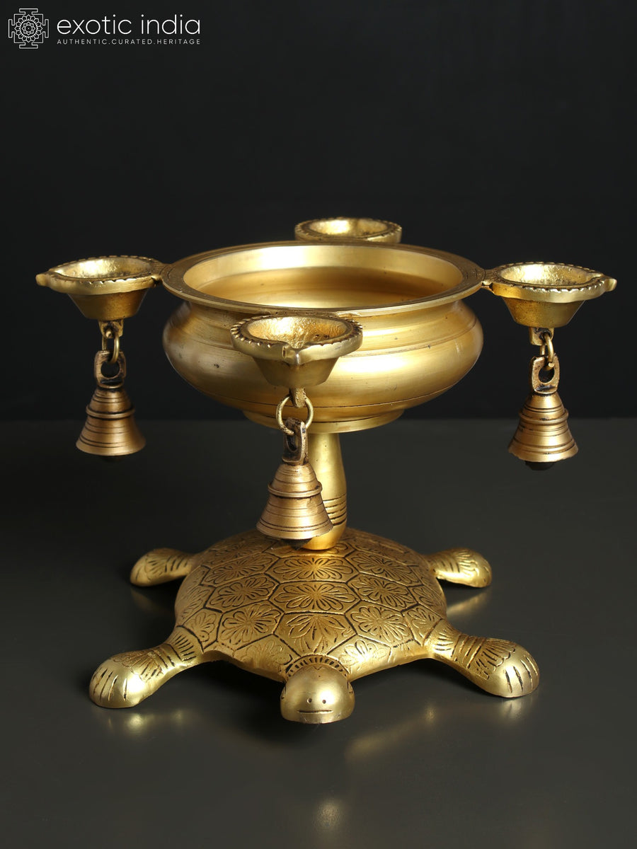 11" Brass Four Wick Urli Lamp with Tortoise Base and Bells