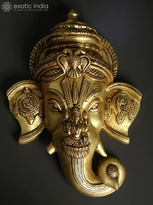 12" Brass Ganesha Wall Hanging Mask with Lakshmi for Home Decor