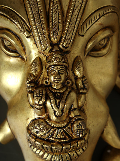 12" Brass Lord Ganesha Wall Hanging Mask with Goddess Lakshmi