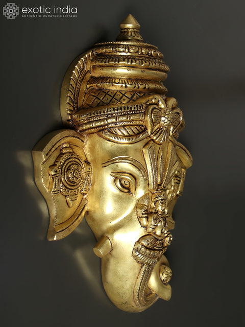 12" Brass Lord Ganesha Wall Hanging Mask with Goddess Lakshmi