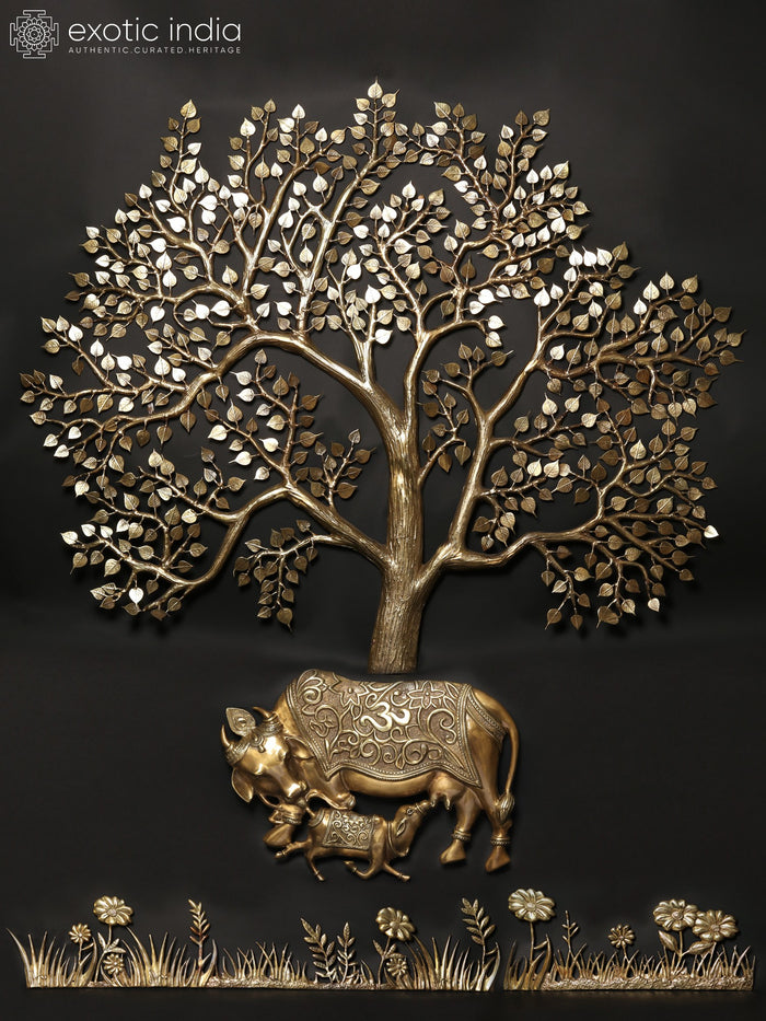 80" Super Large Cow and Calf Under the Kalpavriksha Tree with Flowers and Buds | Set of Four | Wall Decor