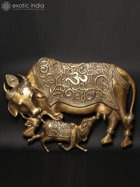 80" Super Large Cow and Calf Under the Kalpavriksha Tree with Flowers and Buds | Set of Four | Wall Decor
