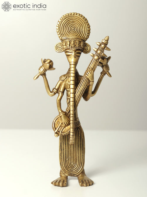 8" Standing Ganesha Brass Idol Playing Veena Handmade Statue