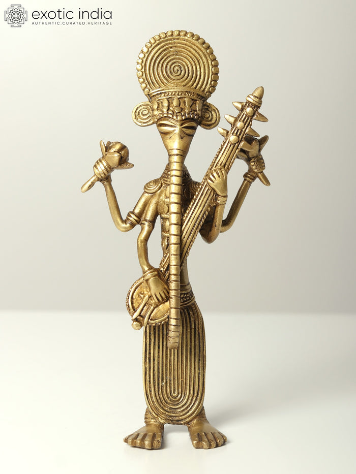 8" Standing Ganesha Brass Idol Playing Veena Handmade Statue
