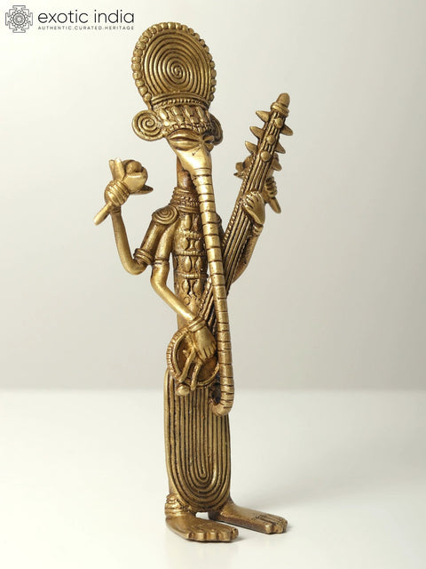 8" Standing Tribal Lord Ganesha Idol Playing Veena | Brass Statue