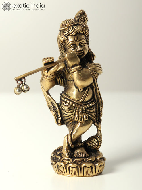 5" Standing Bal Krishna Playing Flute Brass Idol