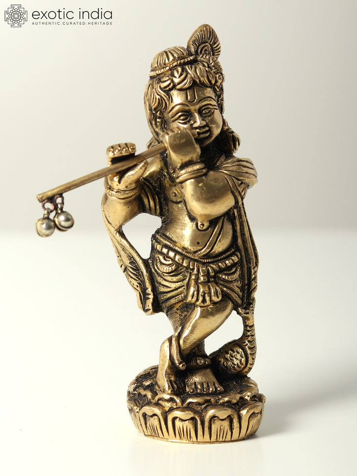 5" Standing Bal Krishna Playing Flute Brass Idol