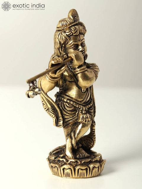 5" Small Standing Bal Krishna Idol Playing Flute | Brass Statue
