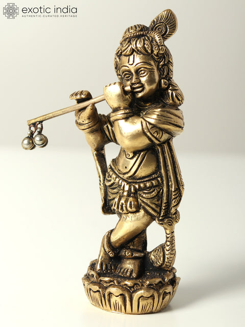 5" Small Standing Bal Krishna Idol Playing Flute | Brass Statue