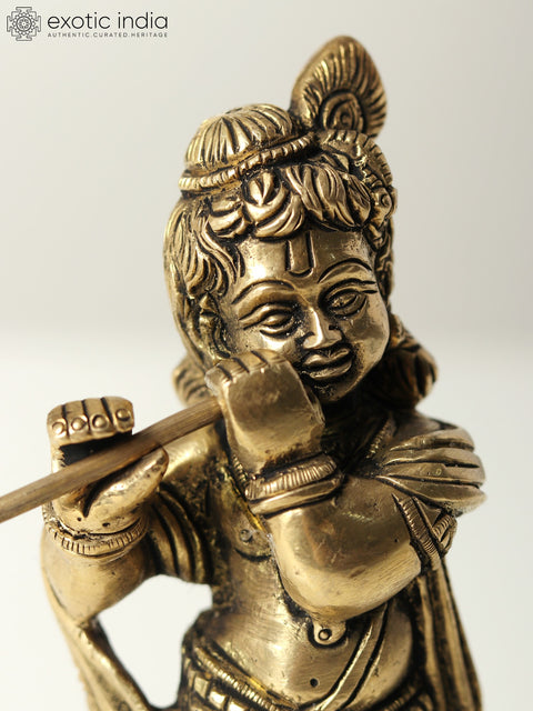 5" Small Standing Bal Krishna Idol Playing Flute | Brass Statue