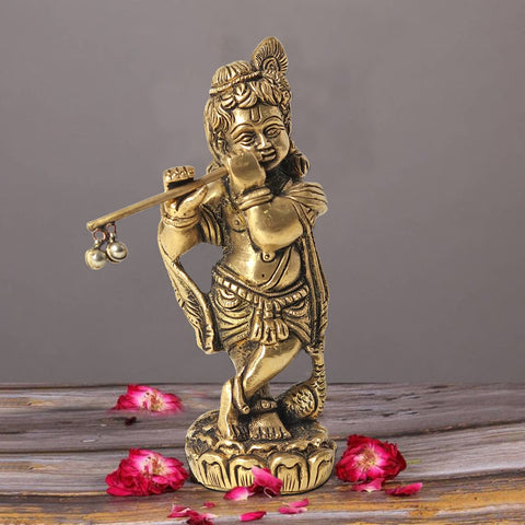 5" Small Standing Bal Krishna Idol Playing Flute | Brass Statue