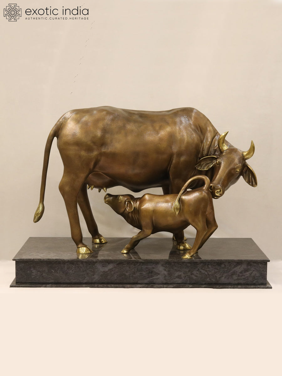 58" Large Handmade Brass Cow and Calf Statue on Granite Base