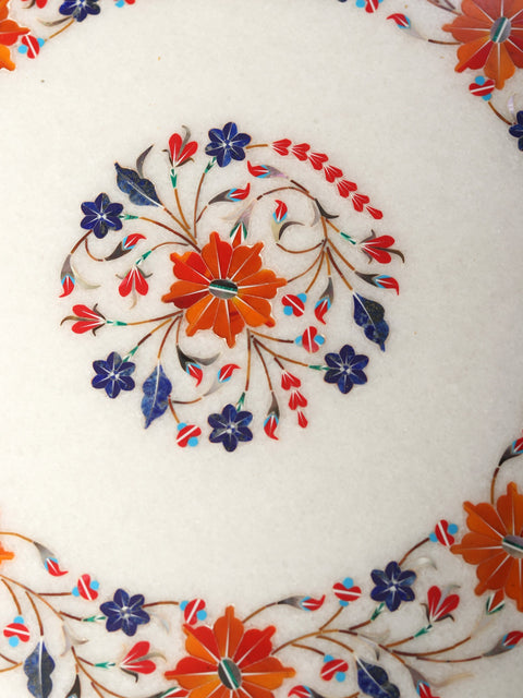 15" Floral Inlay Worked White Marble Designer Chowki/Pedestal on Brass Stand