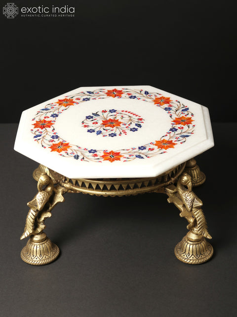 15" Floral Inlay Worked White Marble Designer Chowki/Pedestal on Brass Stand