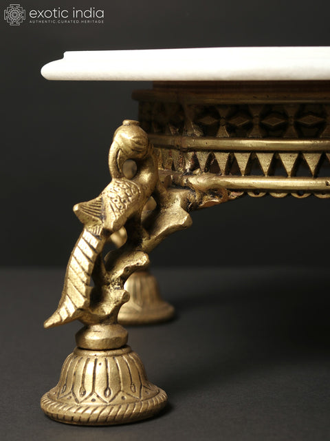 15" Floral Inlay Worked White Marble Designer Chowki/Pedestal on Brass Stand