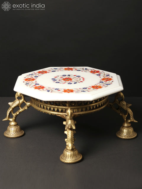 15" Floral Inlay Worked White Marble Designer Chowki/Pedestal on Brass Stand