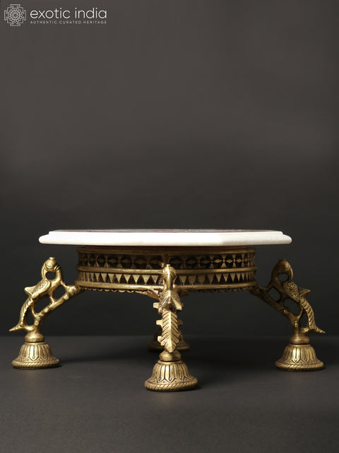 15" Floral Inlay Worked White Marble Designer Chowki/Pedestal on Brass Stand