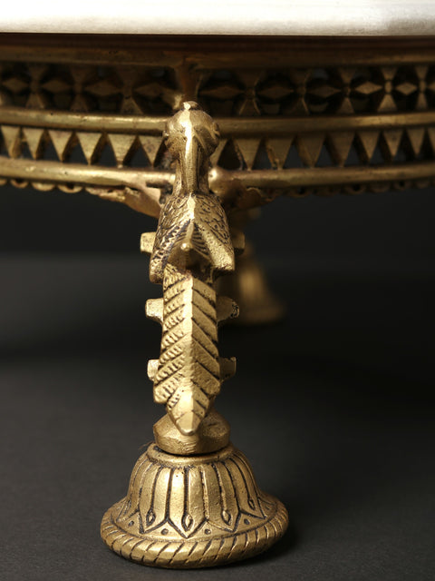 15" Floral Inlay Worked White Marble Designer Chowki/Pedestal on Brass Stand