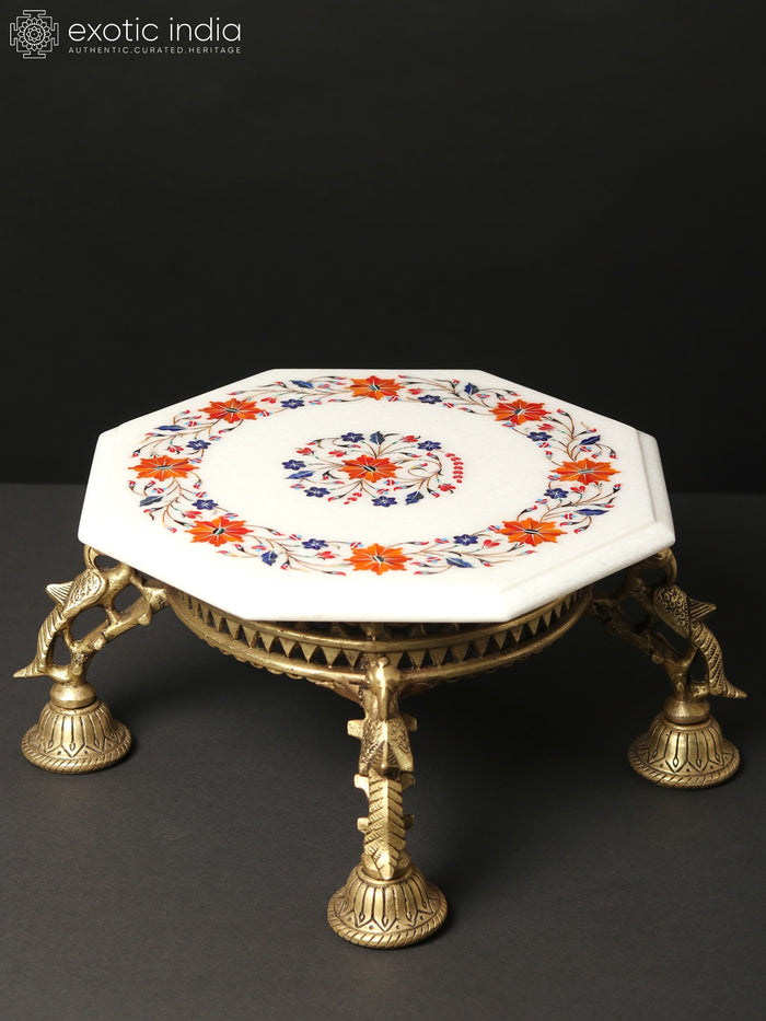 15" White Marble Floral Inlay Chowki with Brass Stand