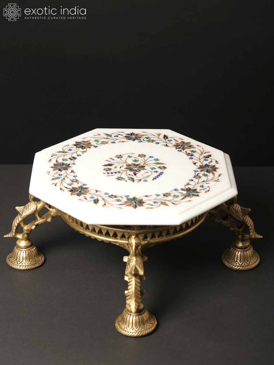 15" Octagon White Marble Chowki with Inlay Work and Brass Stand