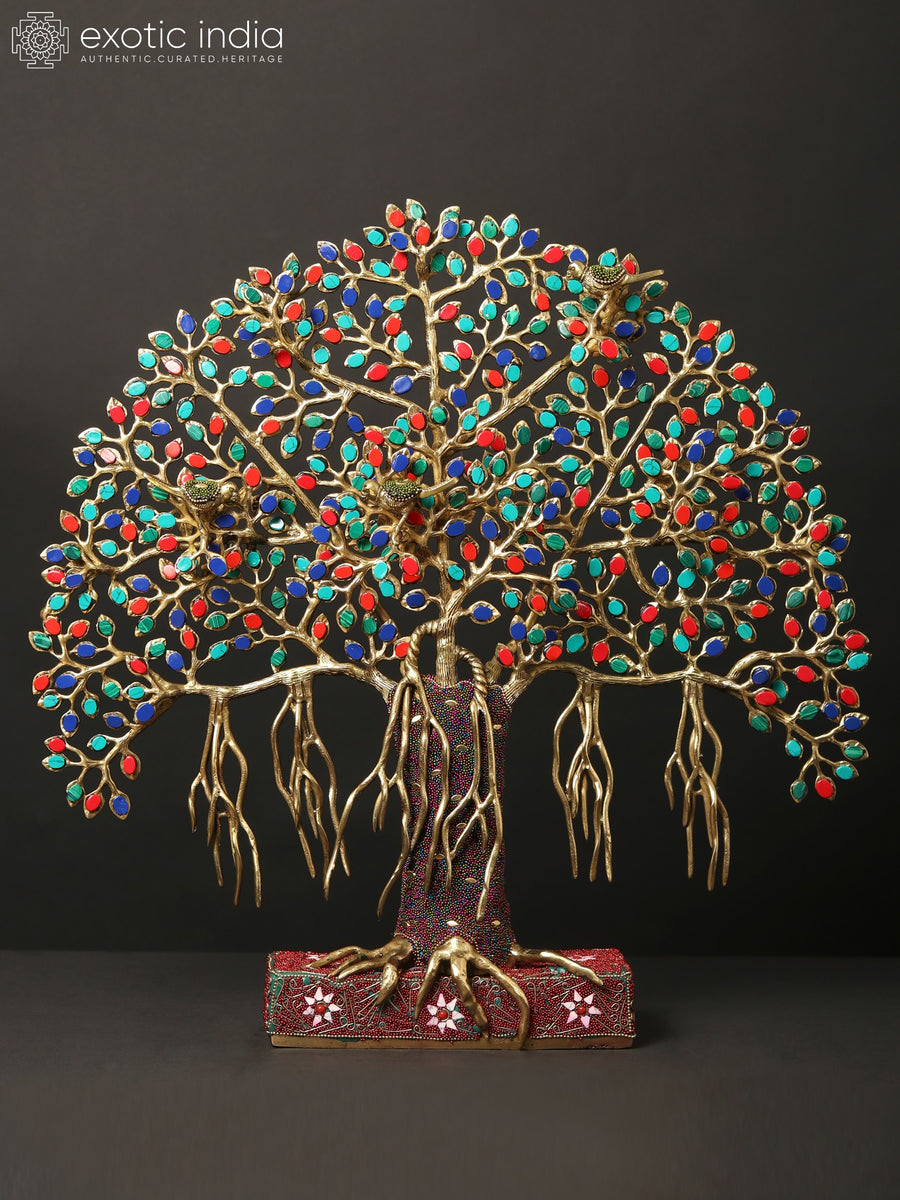 19" Tree of Life Brass Statue with Inlay Work Stand