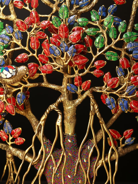 34" Large Colorful Tree of Life with Chirping Birds | Brass with Inlay Work